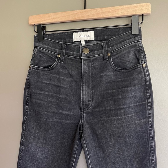 THE GREAT The Nerd Raw Hem Jeans In Black Size 24 Kick Flare High Rise Straight - Picture 12 of 16